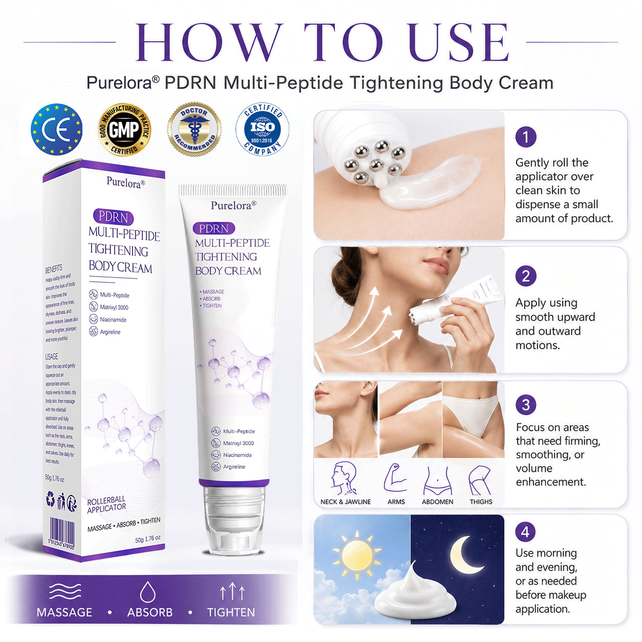 𝐏𝐮𝐫𝐞𝐥𝐨𝐫𝐚® ❤️PDRN Multi-Peptide Massaging Body Roller Cream- Anti-aging, Hydrating, Skin Firming & Lifting, Skin Repair, Even Tone, Acne and Dark Spot Treatment, Wart and Mole Removal, and Psoriasis Relief.